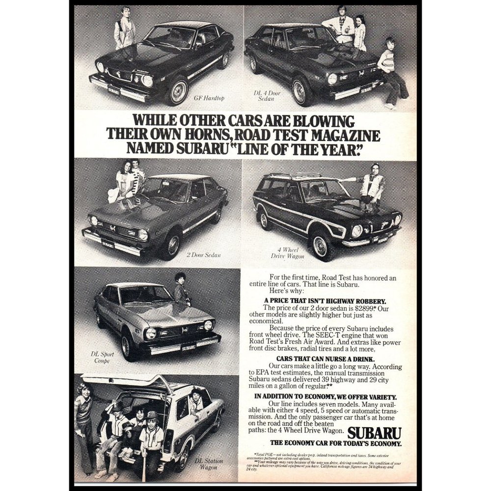 1976 Subaru Car Line Up Vintage Print Ad GF Hardtop DL Sedan Wagon Wall Art